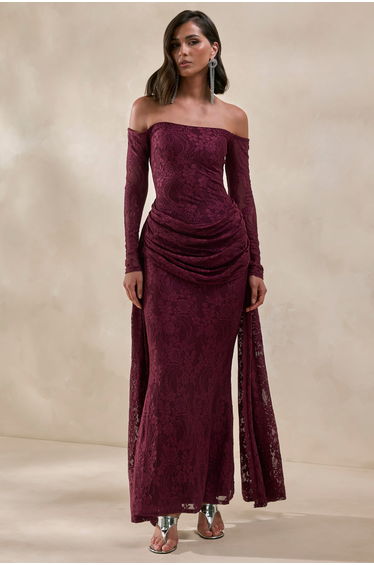 Parisse | Burgundy Lace Bardot-Neck Maxi Dress With Draped-Detailing