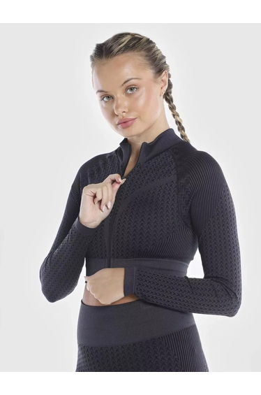 Women Black Signature Seamless Crop Top with Zipper