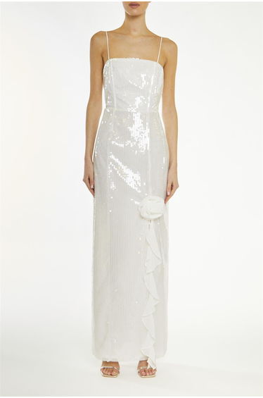 Crystal White Translucent-Sequin Ruffle-Split Maxi-Dress