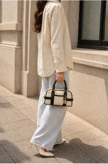 Mini Hand & Shoulder Bag – Canvas Texture, Stylish Lock Detail, Daily and Special Use