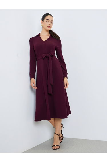 Women Burgundy Tie-Waist A-Line Midi Dress