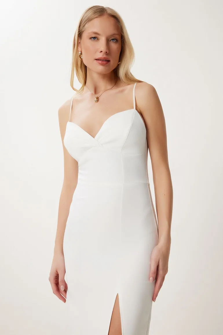 Women's Ecru Strap Saran Slit Midi Woven Dress - 2