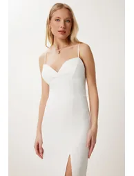 Women's Ecru Strap Saran Slit Midi Woven Dress - 2