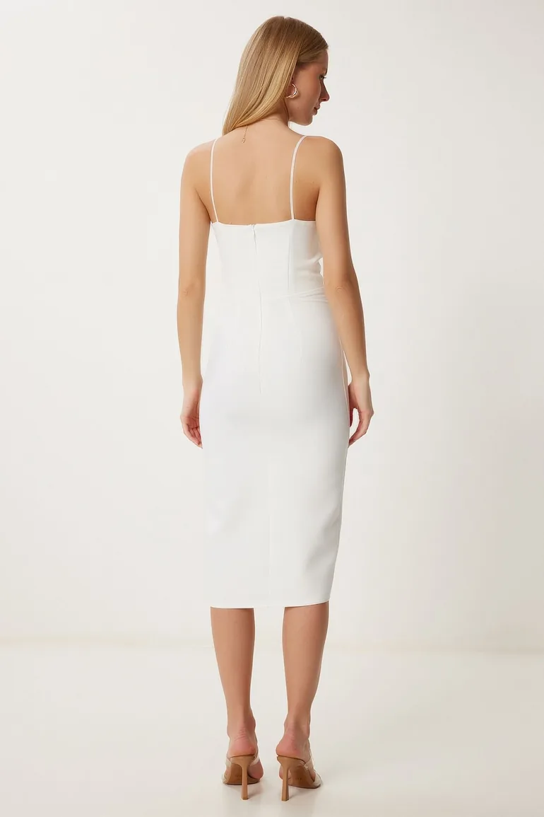 Women's Ecru Strap Saran Slit Midi Woven Dress - 5