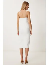 Women's Ecru Strap Saran Slit Midi Woven Dress - 5