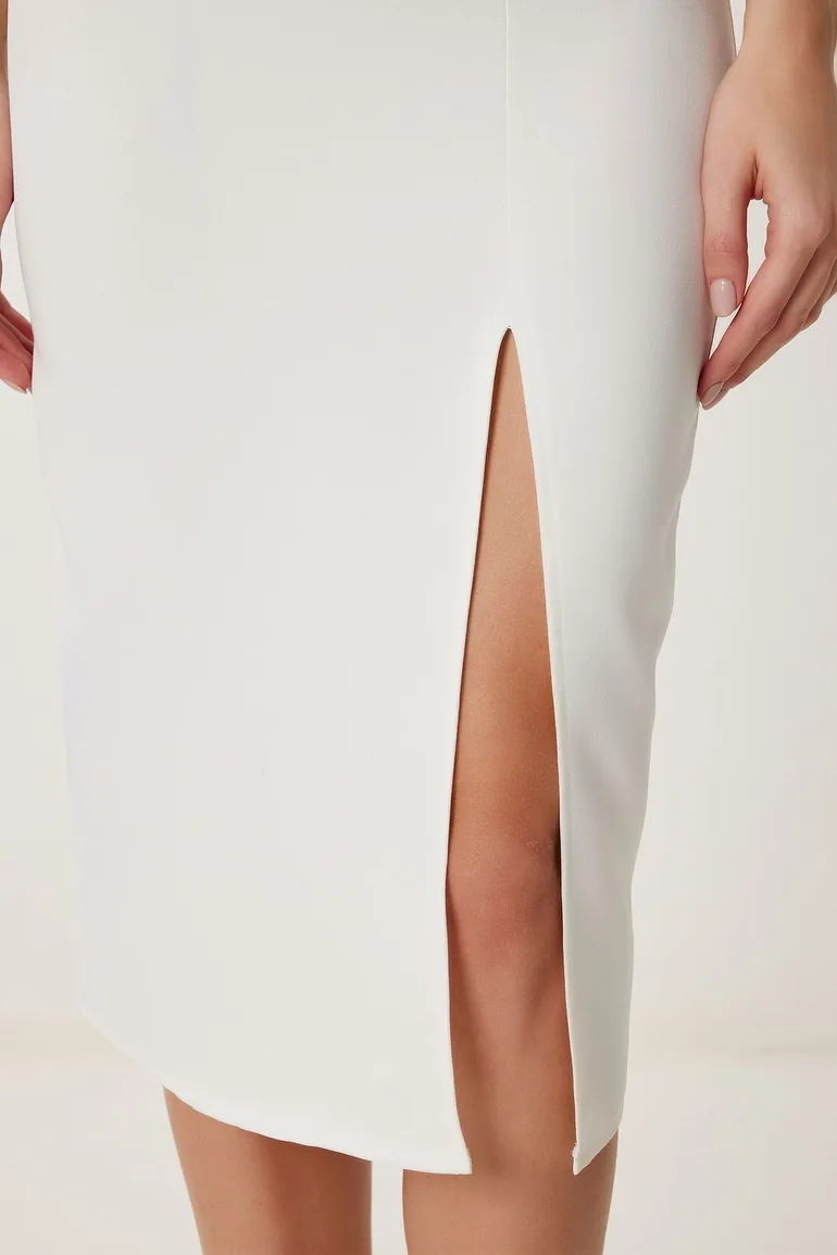 Women's Ecru Strap Saran Slit Midi Woven Dress - 3