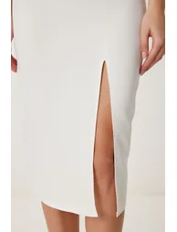 Women's Ecru Strap Saran Slit Midi Woven Dress - 3