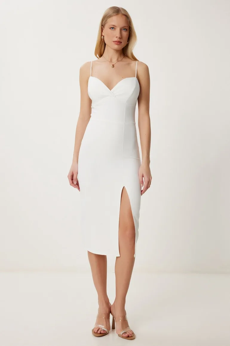 Women's Ecru Strap Saran Slit Midi Woven Dress