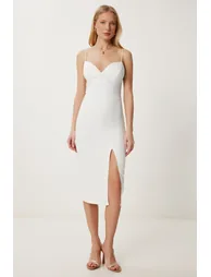 Women's Ecru Strap Saran Slit Midi Woven Dress