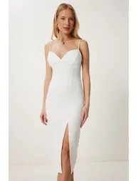 Women's Ecru Strap Saran Slit Midi Woven Dress - 1