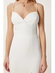 Women's Ecru Strap Saran Slit Midi Woven Dress - 4
