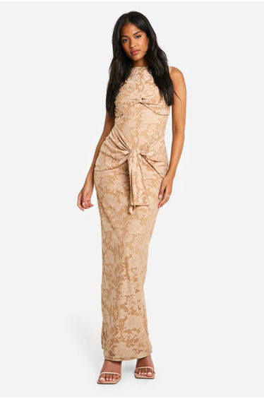 Tall Burnout Floral Tie Twist Maxi Dress - camel