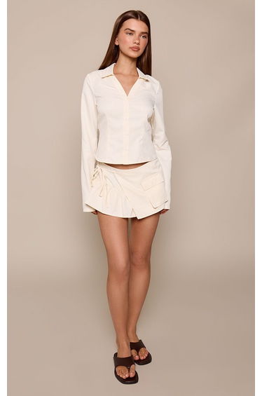 Butter Yellow Textured Pinstripe Frill Detail Cargo Skort