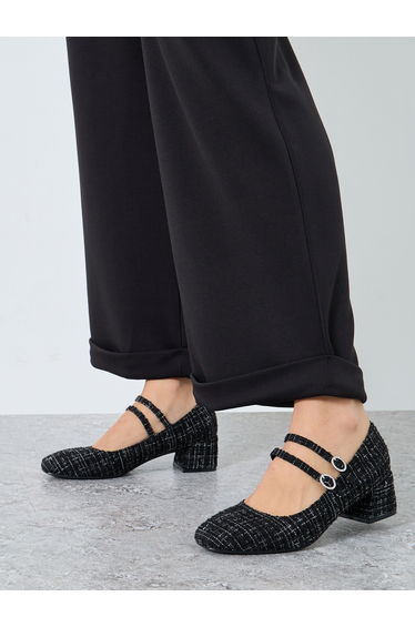 Black Tweed Block Heel Mary Jane Shoes