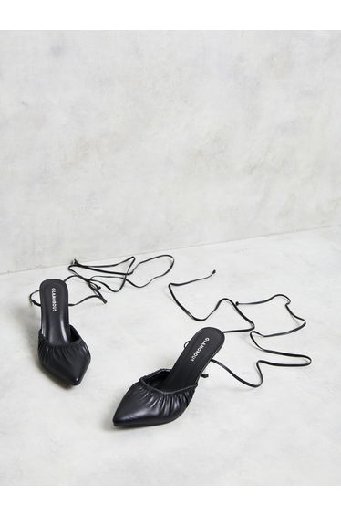 Glamorous Black Lace Up Faux Leather Kitten Heels