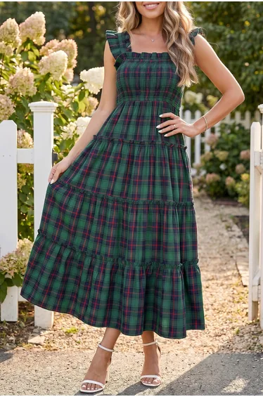 Lvness Green Plaid Ruffle Sleeveless Shirred Bodice Tiered Midi Dress