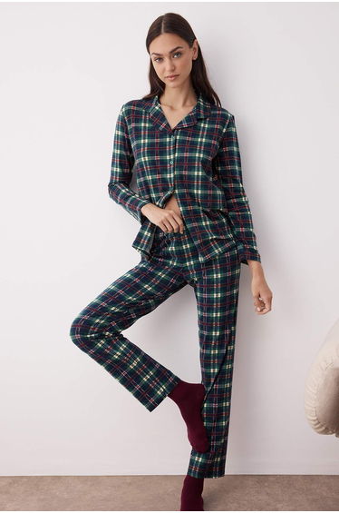 Green-Multicolored Cotton Lycra Soft Touch Plaid Knitted Pajama Set