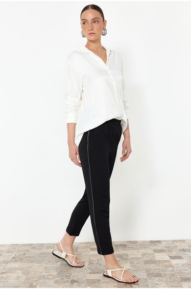 Black Elastic Waist Linen Look Glitter Striped Woven Trousers