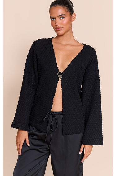 Black Textured Trim Detail Oversized Long Sleeve Top
