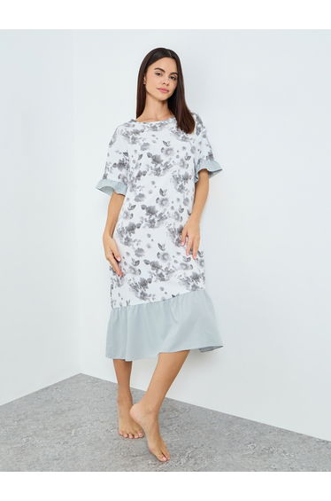 Women Floral Printed Short Sleeve Midi Nightdress