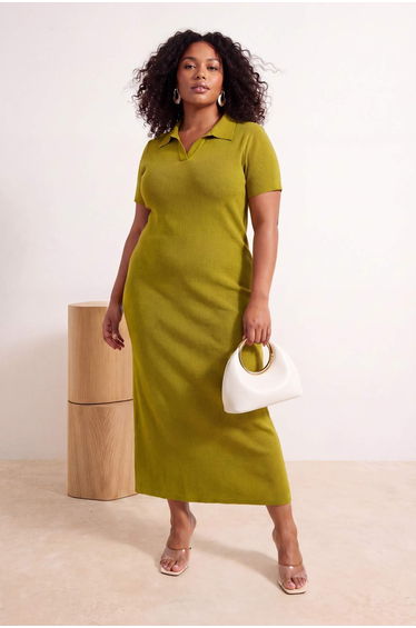 Oil Green Polo Collar Slit Shift/Regular Fit Midi Stretchy Knitted Plus Size Dress
