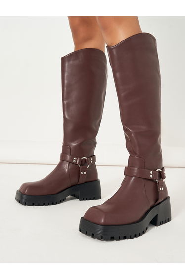 Buckle Harness Detail Knee High Boots