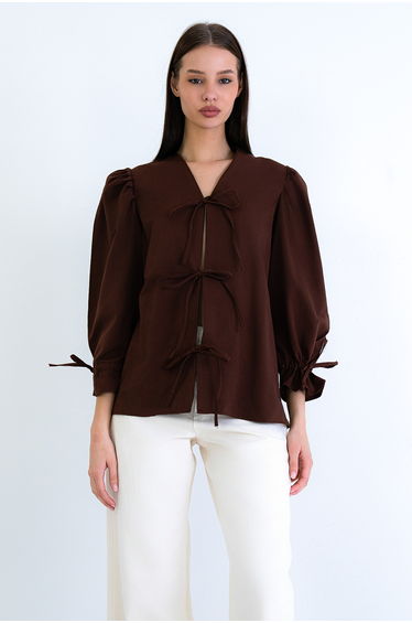 Women's Brown V-Neck Poplin Blouse with Tie Detail on Front and Sleeves