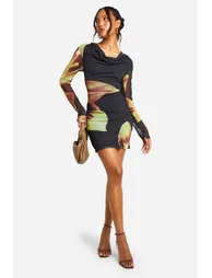 Cowl Neck Floral Mesh Long Sleeve Mini Dress - 2