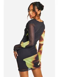 Cowl Neck Floral Mesh Long Sleeve Mini Dress - 1