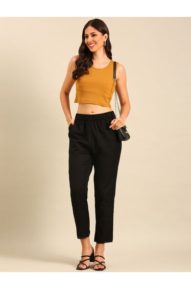 Black Woven Cotton Flex Lace Hem Pants
