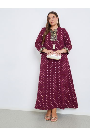 Plus Size Foil Print Jalabiya with Tassel Trim