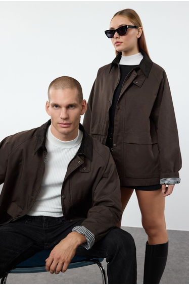 Brown Regular Fit Velvet Collar Detailed Unisex Coat