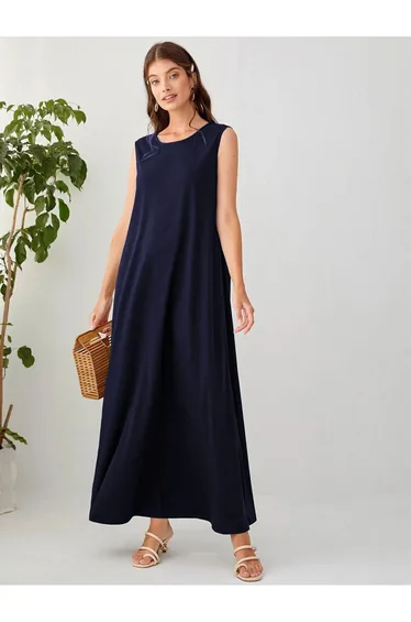 فستان قطن مبطن بلا أكمام - كحلي