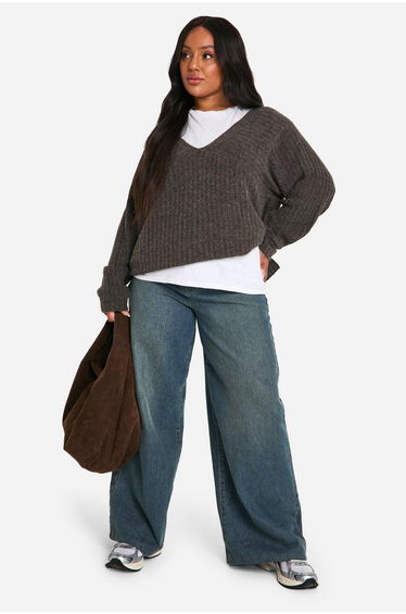 Plus Mixed Rib Longline Jumper - chocolate