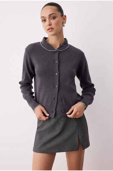 Anthracite Wool Baby Collar Soft Textured Knitwear Cardigan