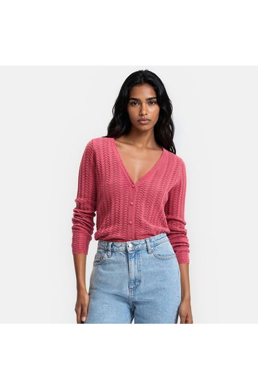 Fine Knit Buttoned Cardigan with V-Neck