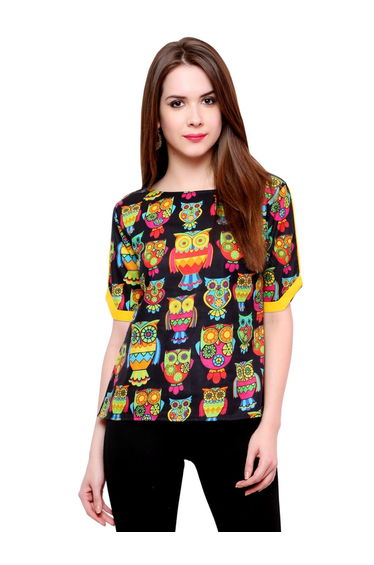 Black Owl Print Short Sleeve Top