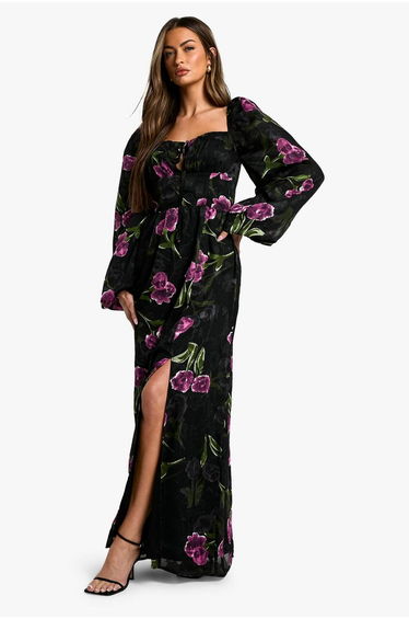 Floral Burnout Milkmaid Floor Length Dress - black