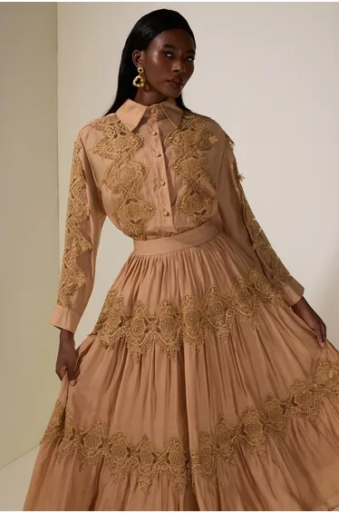 Lace Single Breasted Top & Mid Waist Midi Skirt Set