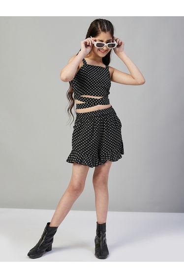Girls Black Floral Print Top and Shorts Set