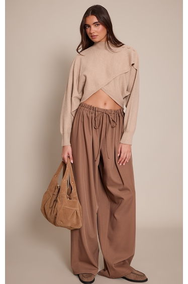 Light Brown Pleated Eyelet Waistband Wide Leg Trousers
