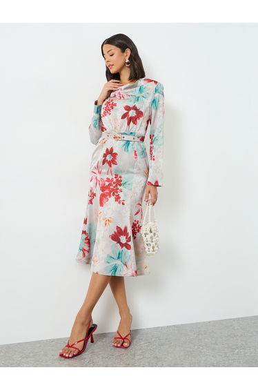 Floral Print Midi Dress with Belt