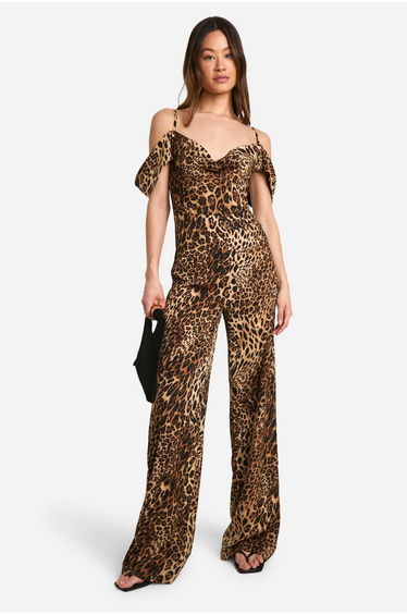 Tall Leopard Cowl Front Wide Leg Jumpsuit - natural