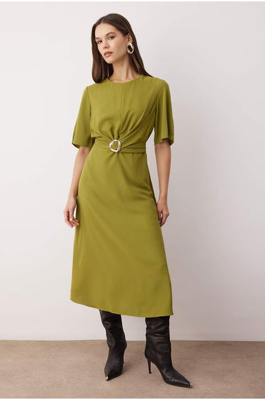Oil Green Plain Accessory Detailed Midi Woven Dress