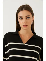 Women's V-Neck Striped Knitwear Dress with Side Slits - 7