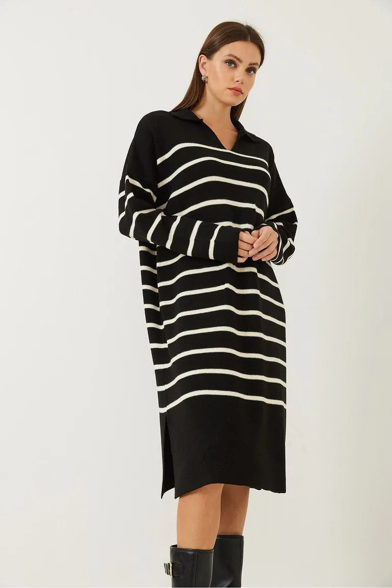 Women's V-Neck Striped Knitwear Dress with Side Slits - 3
