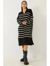 Women's V-Neck Striped Knitwear Dress with Side Slits - 4