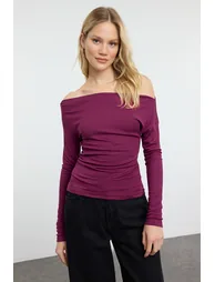 Claret Red Plain Premium Soft Fabric Fitted/Fits the Body Boat Neck Knitted top - 3