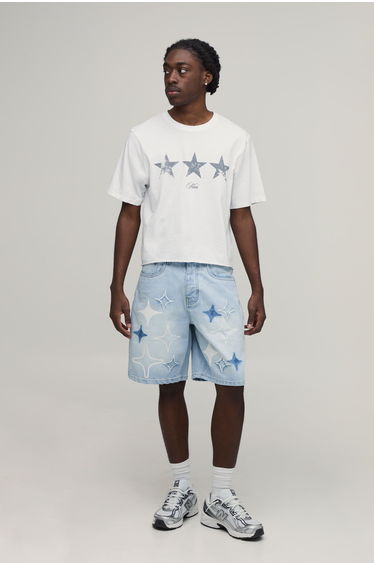 Relaxed Rigid Star Applique Denim Shorts - light blue