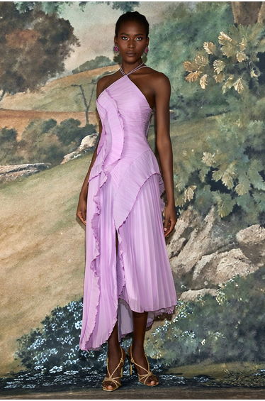 Pleated Frill Halter Neck Midi Dress
